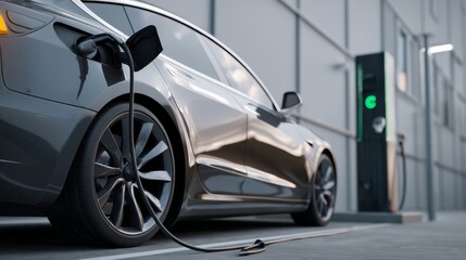 EV Car or Electric vehicle at charging station with the power cable supply plugged