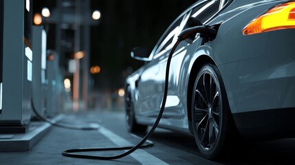 EV Car or Electric vehicle at charging station with the power cable supply plugged