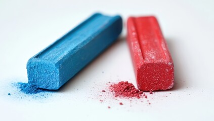Two colorful chalk sticks, blue and red, on a white surface with scattered chalk dust