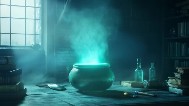 Glowing turquoise potion brewing in ceramic pot. Mysterious laboratory with old books, bottles, magical tools. Ethereal smoke rising from luminescent cauldron.