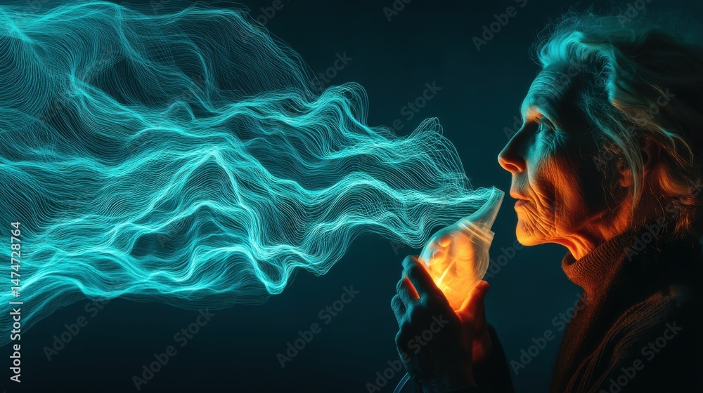 Aufkleber technology style whit net glowing wave,glowing line glow wave,glow line , sick senior woman making i