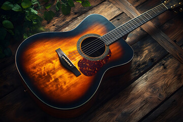 Fototapeta premium Acoustic guitar with sunburst finish resting on rustic wooden pl