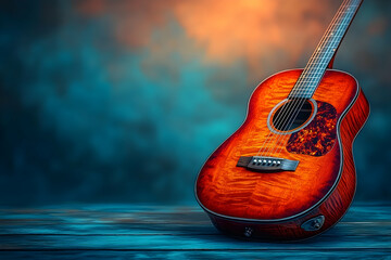 Acoustic guitar on wood warm colors dramatic lighting