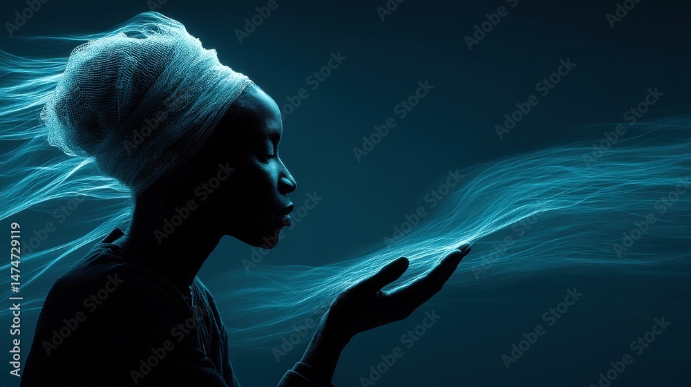 Poster technology style whit net glowing wave,glowing line glow wave,glow line , side view of beautiful african woman hand with palm up,photo stocks
