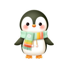 Obraz premium Adorable Cartoon Penguin Wearing Colorful Scarf on Transparent Background