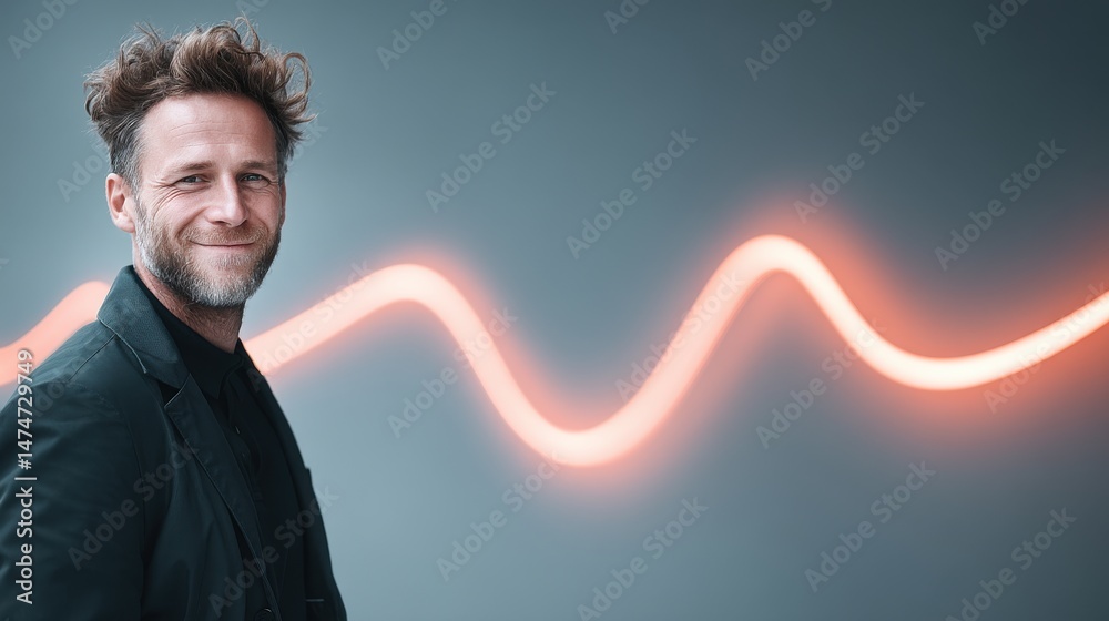 Poster technology style whit net glowing wave,glowing line glow wave,glow line , smiling businessman at office.stock image