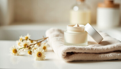 Luxurious skincare vitamin E eye cream in elegant jar with chamomile and soft towel in minimalist setting with copy space