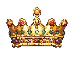 Pixel art crown, ornate with jewels and gold.  Detailed design in a  retro style
