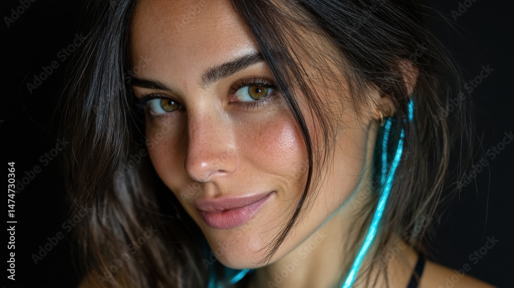 Poster technology style whit net glowing wave,glowing line glow wave,glow line , smiling influencer recordi