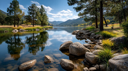 Tranquil lake reflects sky, surrounded by trees, rocks, and distant mountains view
