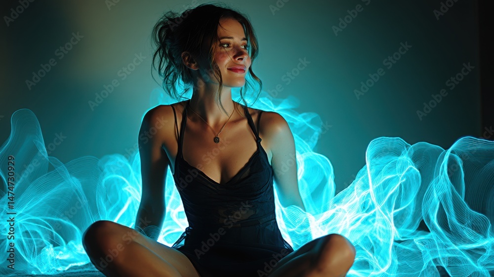 Poster technology style whit net glowing wave,glowing line glow wave,glow line , smiling woman with bengal 