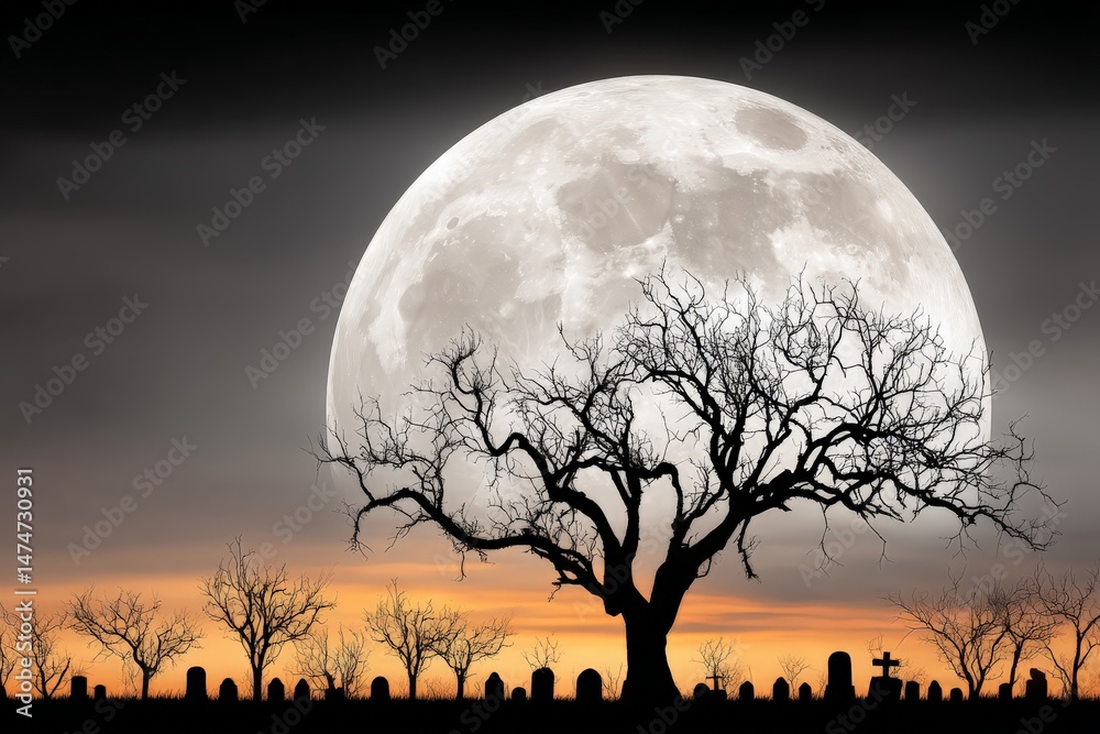Poster cemetery silhouette under bright full moon at twilight with barren trees and tombstones creating a h