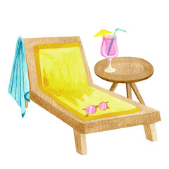 Watercolor beach scene with a chaise lounge with sunglasses and a towel hanging on it, and a cocktail on a small table. Tropical summer vacation illustration