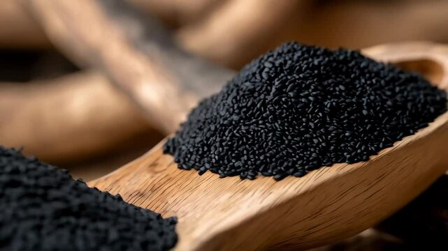 Black cumin seeds, pile of nigella sativa on a wood spoon with oil bottle, showcasing spice ingredient for cooking or alternative medicine.