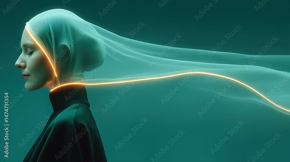 Poster technology style whit net glowing wave,glowing line glow wave,glow line , smiling young woman in hij