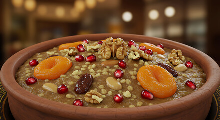 Delicious Ashure dessert in rustic bowl, traditional food photography, perfect for food blogs and culinary websites