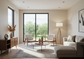 Fototapeta premium A living room with a couch two chairs a coffee table and a cabinet with a window and a lamp stand