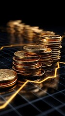 Pile of glimmering gold coins cascading over stock market graph symbolizing economic prosperity