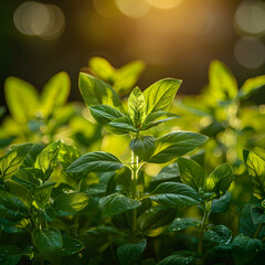 Basil plants sunrise garden.
