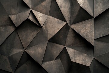 Dark, textured, geometric wall covering with multifaceted, bronze-toned, triangular patterns creating a three-dimensional effect