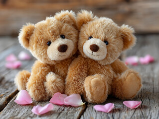 Obraz premium Two cute teddy bears nestled together, pink rose petals scattered on the wooden surface