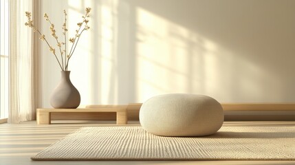 Modern Pouf Scene with Ceramic Vase and Pastel Rug.