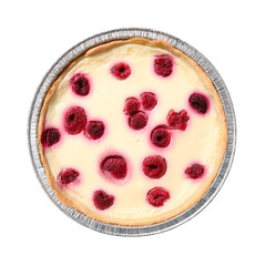 Delicious baked sour cream pie with raspberries. Top view, on a white background