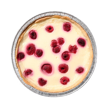 Delicious baked sour cream pie with raspberries. Top view, on a white background