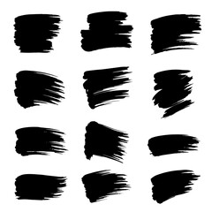  A collection of modern grungy paint brush strokes is presented, featuring calligraphy with straight smears, stamp, and lines, all hand drawn in ink and isolated on a white background with modern