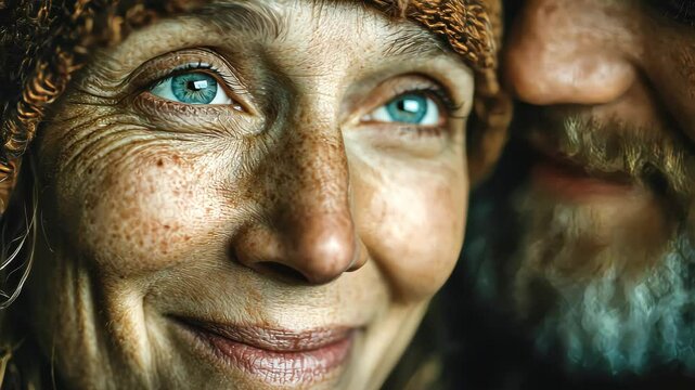 Close-up portrait of a joyful elderly woman with sparkling blue eyes, smiling while a younger woman lovingly leans in from behind