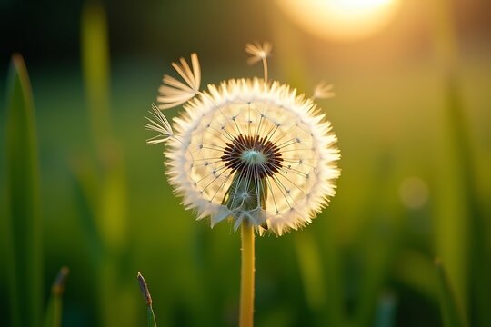 Beautiful close up shot of a delicate dandelion clock seed head in the golden sunlight of the day.