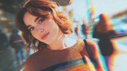 full-body shot of woman . smile eyes and dark brown eyes. chromatic aberration. blur. camera rotated 25 degrees