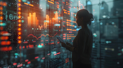 Businesswoman analyzing data with city view.