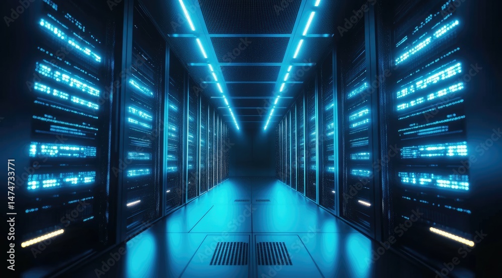 Poster Symmetrical view down a futuristic server aisle with blue LED lights and polished floors, suggesting advanced cybersecurity and AI-powered cloud systems