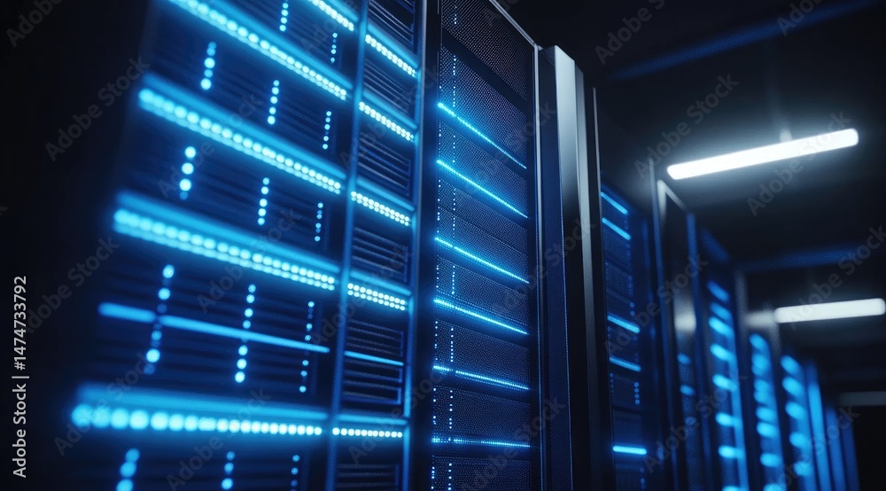 Poster Close-up angle of glowing blue data servers in a high-tech facility, emphasizing secure data transfer, modern computing systems and digital network technology
