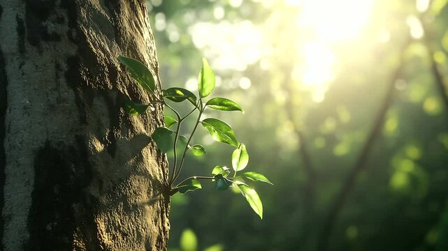 A small climbing plant beginning its ascent on a sturdy tree trunk, with sunlight highlighting the contrast between the rough bark and delicate green tendrils.