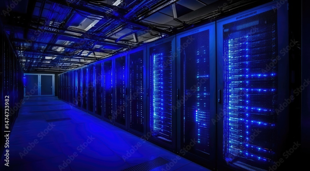 Poster Dark server corridor with glowing blue server racks and visible overhead cables, reflecting high-end cloud computing, enterprise hosting and network security