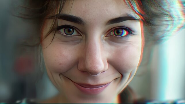 full-body shot of woman . smile eyes and dark brown eyes. chromatic aberration. blur. camera rotated 25 degrees