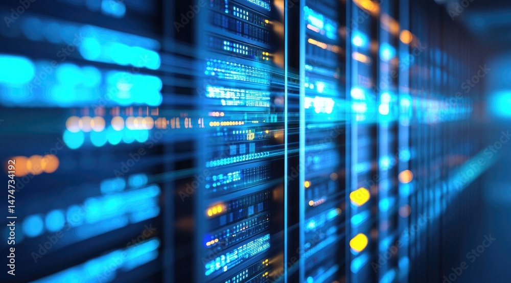 Aufkleber Fast data transfer and glowing fiber optic lines across modern servers, symbolizing big data analytics, fast connectivity and innovative cloud computation