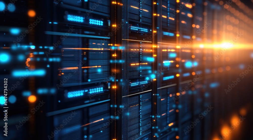 Poster Orange and blue fiber light signals in a smart server room, highlighting real-time processing, cloud data flow and next-gen enterprise infrastructure