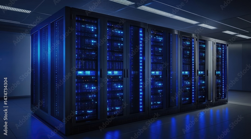 Poster Illuminated server cabinets arranged in a clean modern data center with advanced cooling and organized cabling, representing reliable digital infrastructure