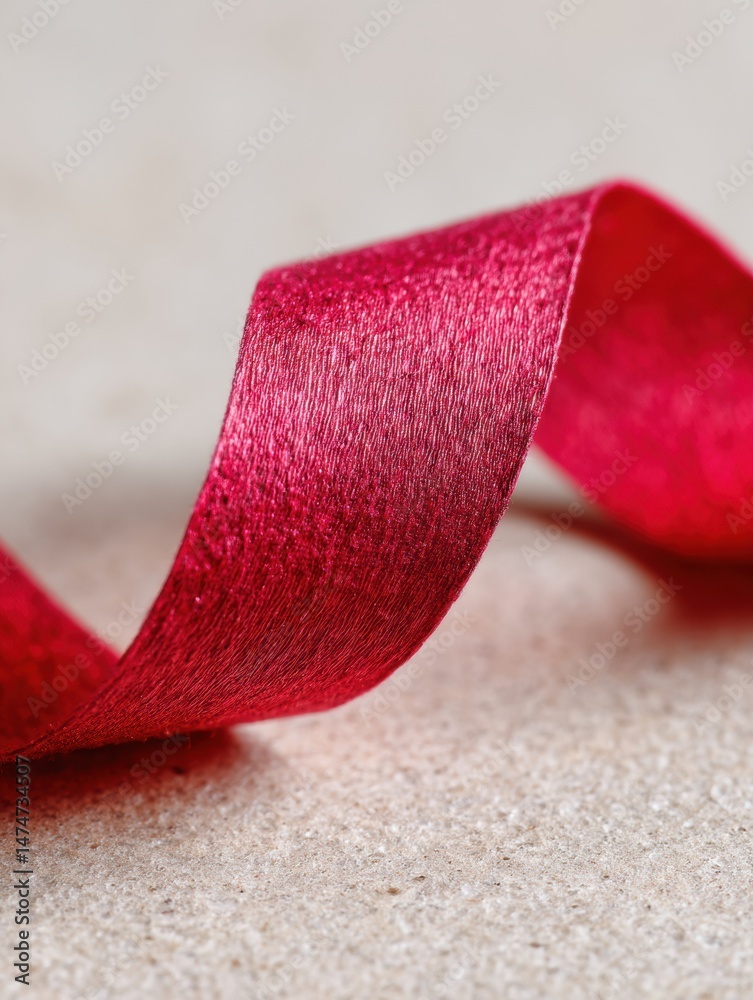 Leinwandbilder Macro View of a Red Ribbon Loop on a Textured Paper Surface With an Empty Upper Half Showcasing Vibrant Details and Elegant Sheen