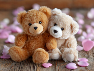 Two teddy bears cuddling together on a wood surface, with fallen pink petals