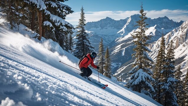 Winter mountain landscape with a skier on a snowy slope, capturing the adventure of alpine skiing