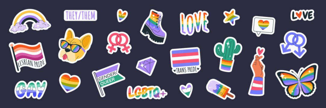 Happy Pride Month. LGBTIA stickers set. Isolated badges with signs, symbols, phrases, inclusive pride flags, bulldog, rainbow, hand, butterfly. Isolated elements on dark background. Vector clipart