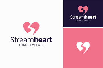 A split heart love with winding street road or creek stream like a shape of two hills with river between for couple marriage symbol initial letter S logo design
