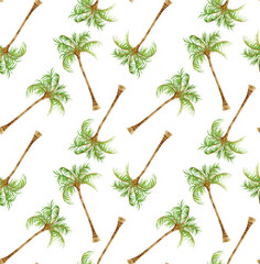 Seamless watercolor pattern with hand-painted tropical palm trees. Summer beach design for fabric, wallpaper, wrapping paper, vacation themes, and coastal decorative projects