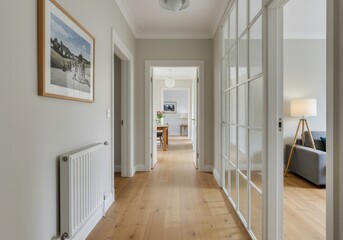 Obraz premium Interior hallway with wooden floor radiator painting and glass paneled wall leading to living room