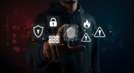 A close-up shot of a person's hand interacting with a holographic interface displaying various cybersecurity icons, emphasizing digital security and data protection.