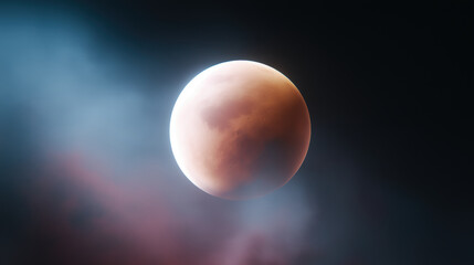 Lunar eclipse with strong film grain effect creating celestial and mysterious atmosphere